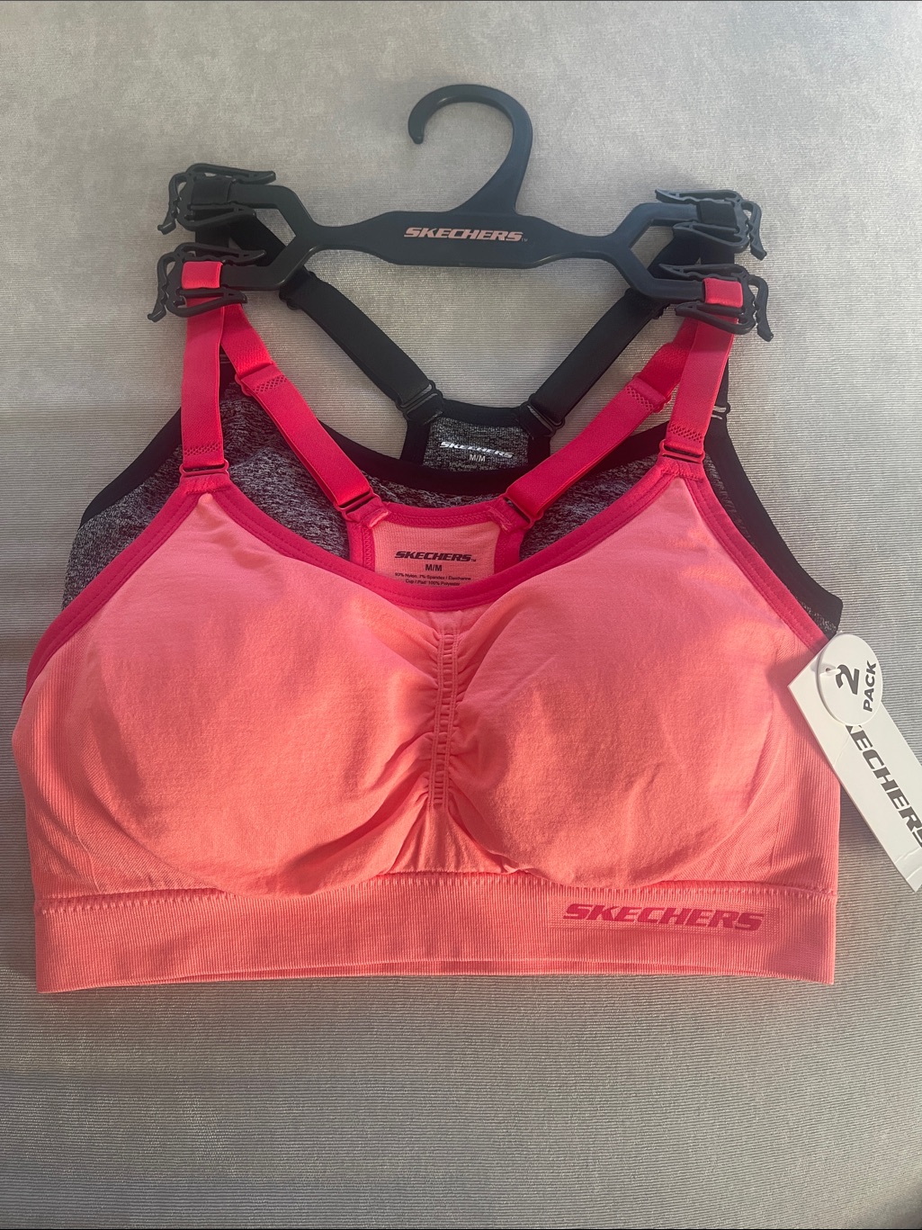 New!!! Skechers Coral Pink & Charcoal 2-Pack Active Bras